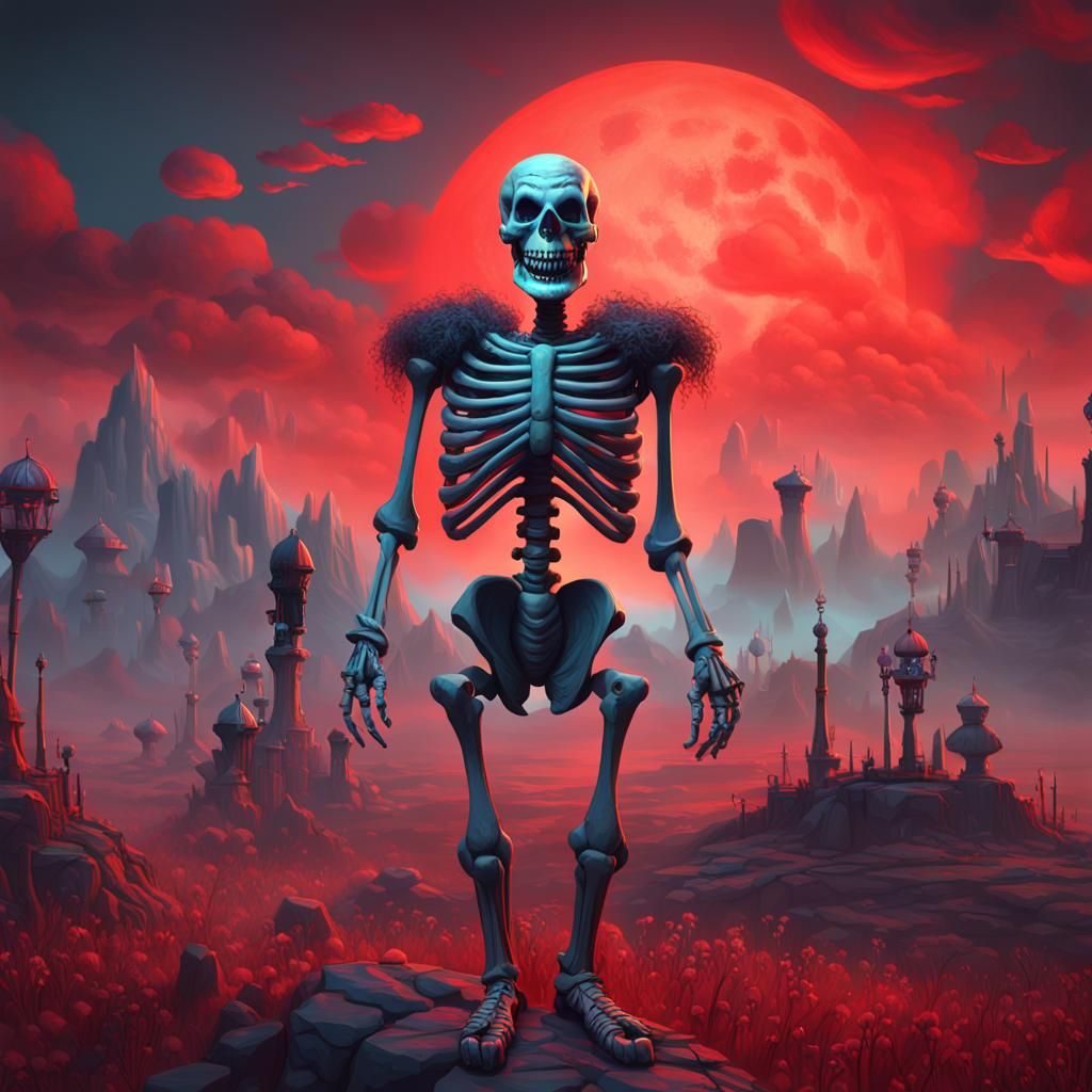 Clown Skeleton with Floating Islands, Fantasy Art