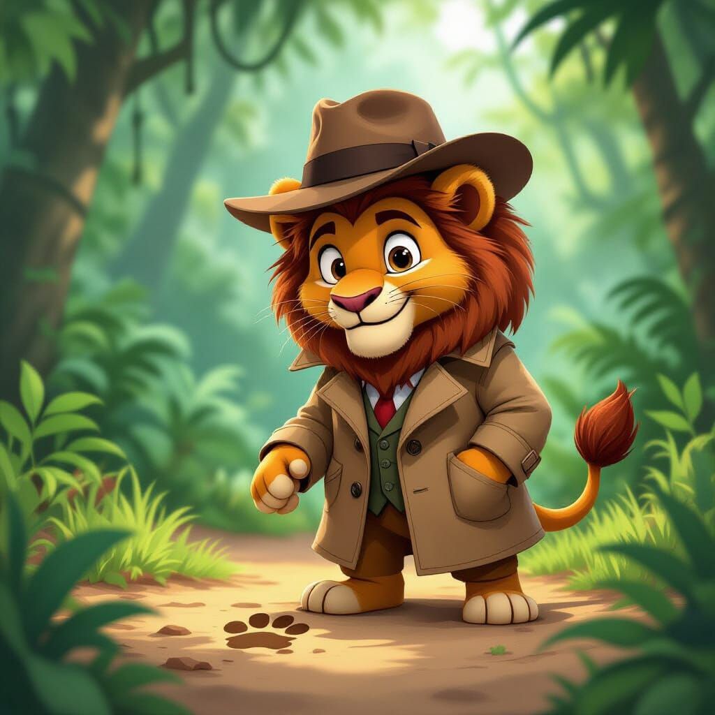 Cartoon Lion Detective Investigates Jungle Footprint