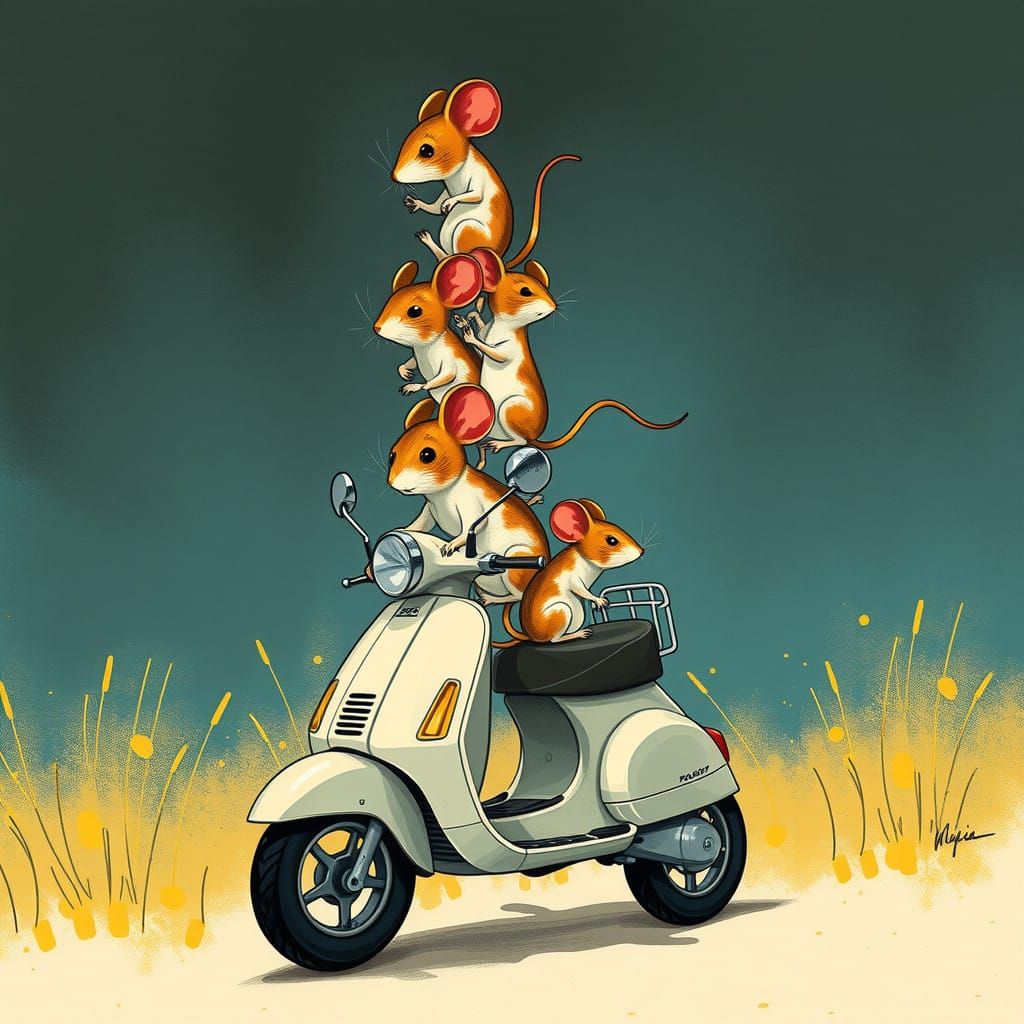 Delightful Whimsy: Wobbly Mice on Vespa in a Fun, Textured A...