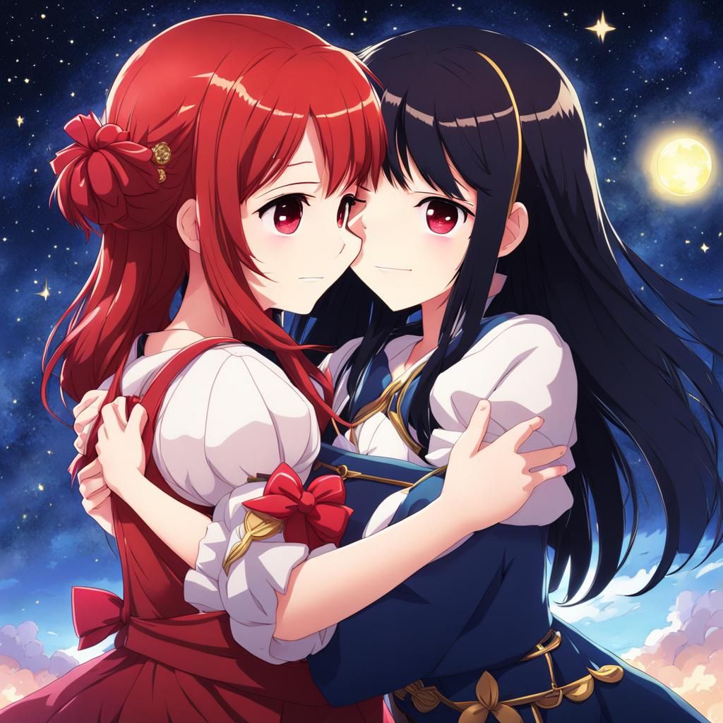 Anime Girls Hugging Under Starry Night Sky