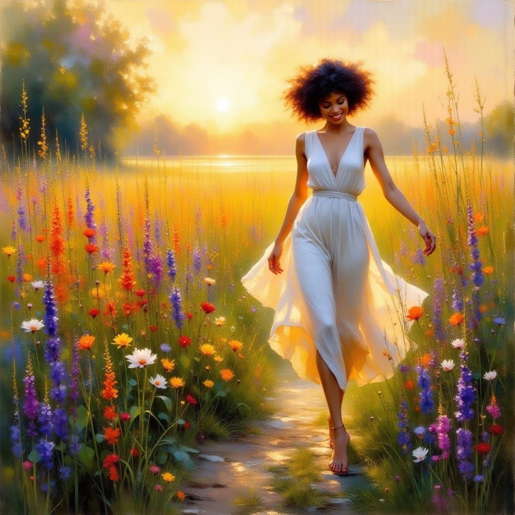 Barefoot Woman Walks Through Wildflowers at Sunrise