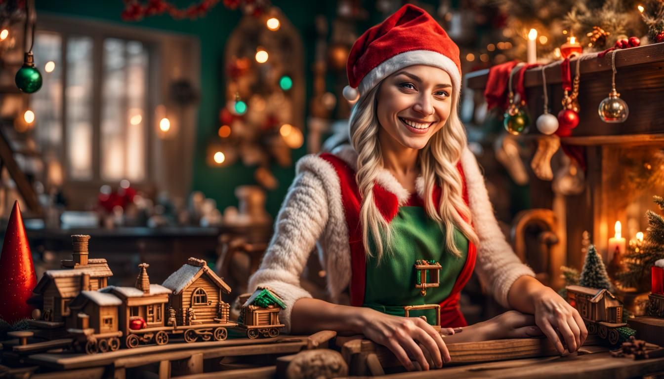 Elf Woman Building Train in Santa's Workshop