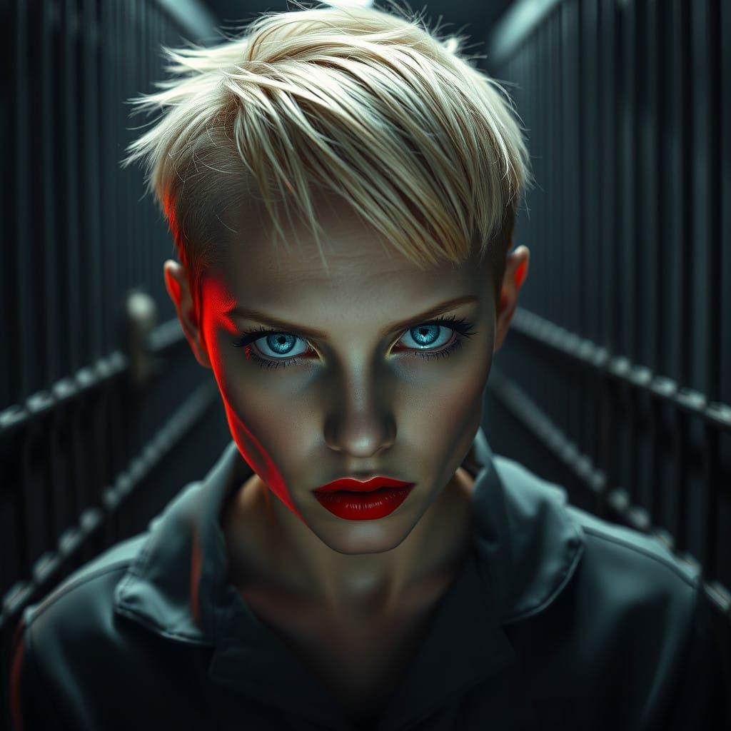 Menacing Female Prisoner in Dimly Lit Cell