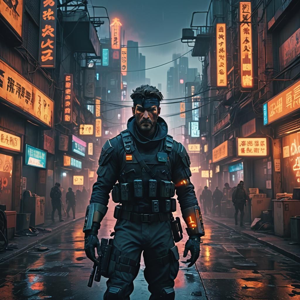 Solid Snake in Dystopian 80s Sci-Fi Film Still