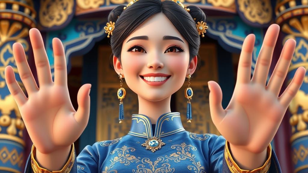 Joyful Asian Woman in Royal Attire: 3D Render