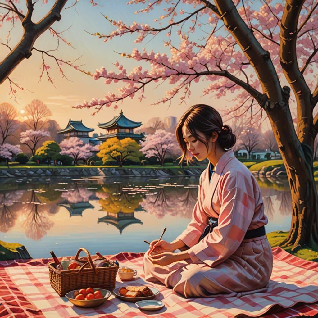 Cherry Blossom Picnic: A Golden Hour Oil Painting