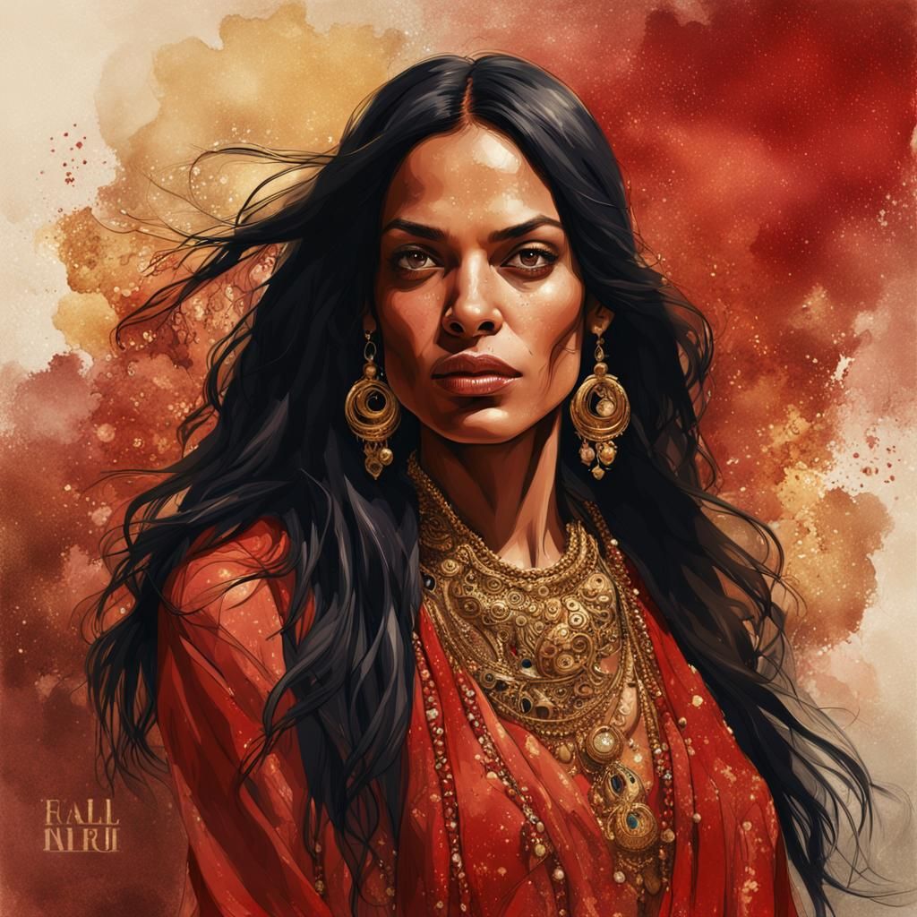 Rosario Dawson in Red Hijab, Hyperrealistic Portrait