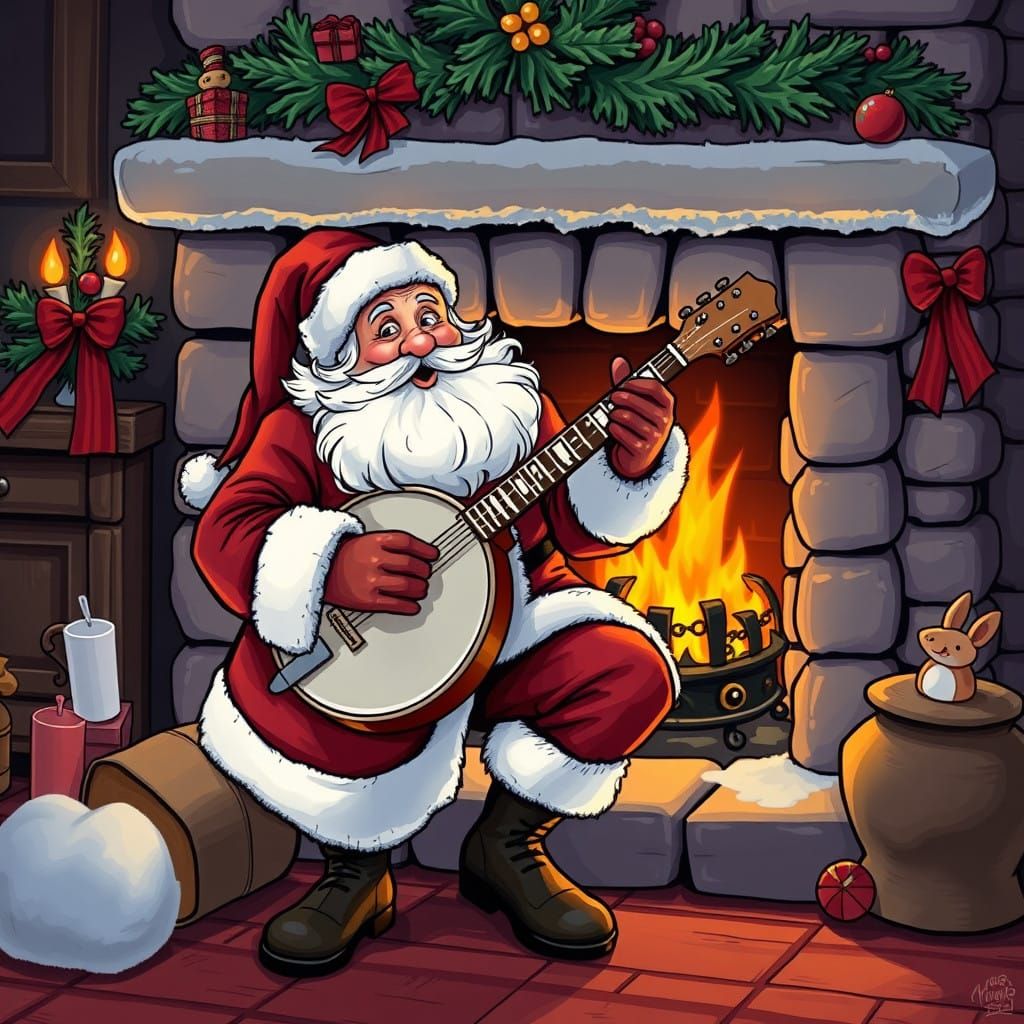 Jolly Cartoon Santa Delights with Banjo on Christmas Eve