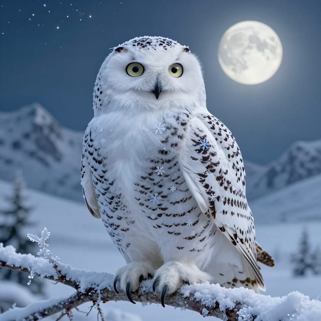 Snow Owl Made of Snowflakes on Crystalline Branch