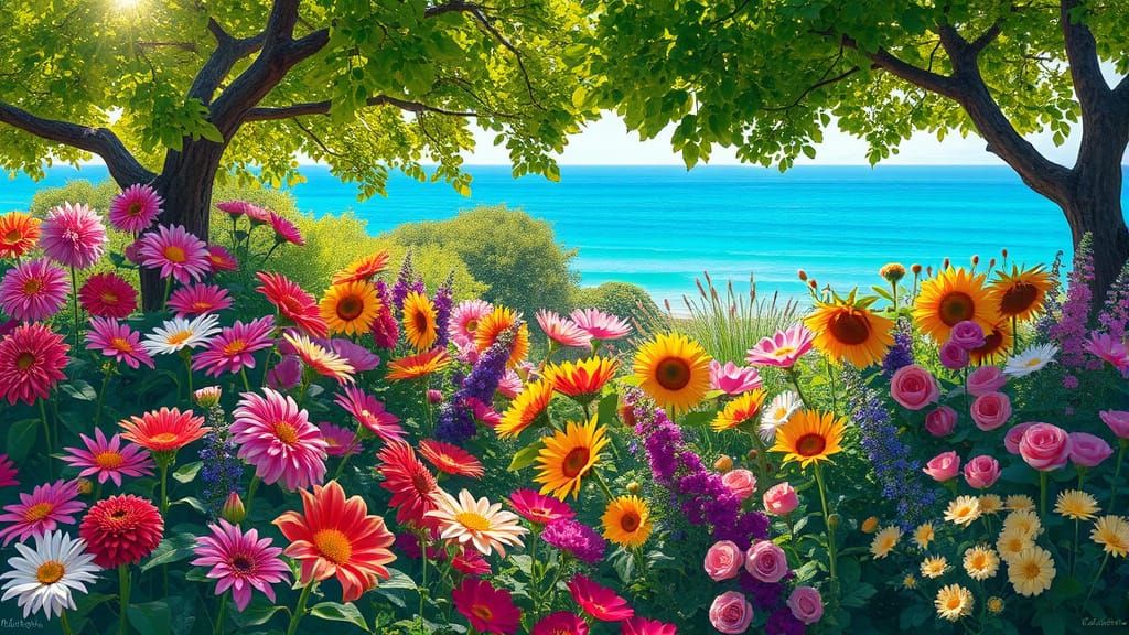 Impressionist Garden with Dahlias and Sunflowers