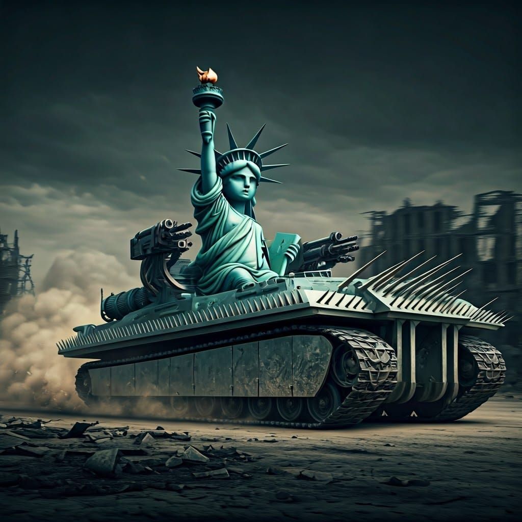 Chibi Liberty Goddess in Mad Max Tank