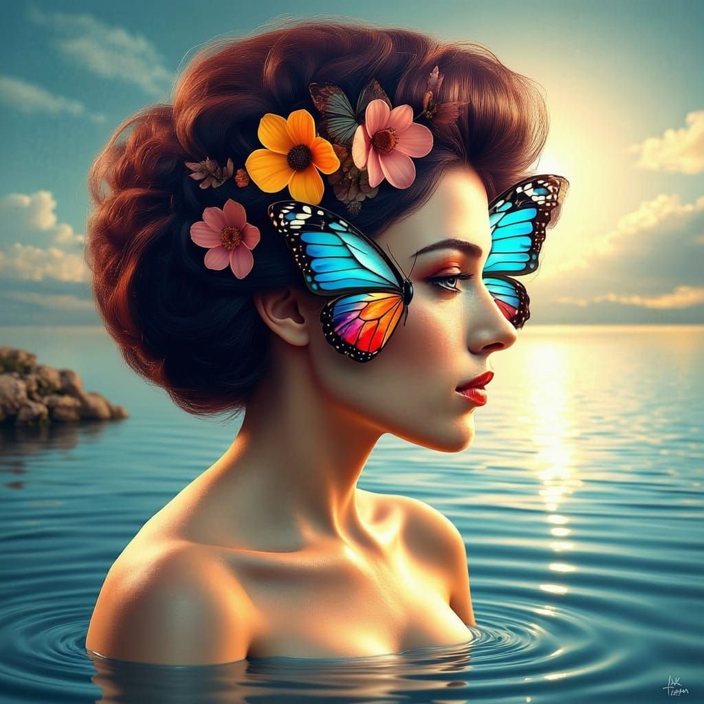 Surreal Woman Portrait with Flower Hair and Butterfly Eye