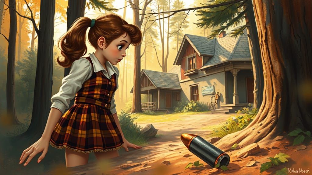 Norman Rockwell-Style Painting of Girl Detective in Quaint W...