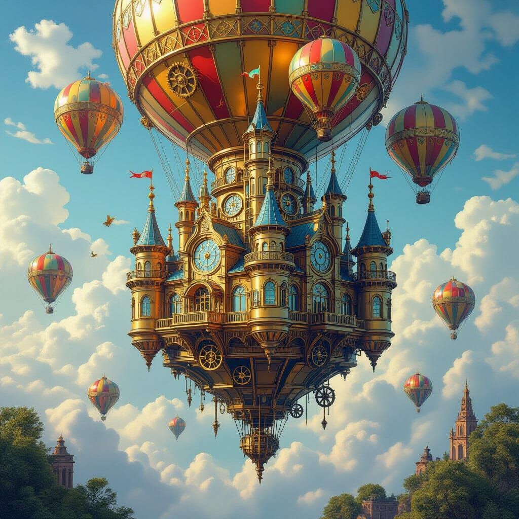 Steampunk Castle in Sky with Hot Air Balloons