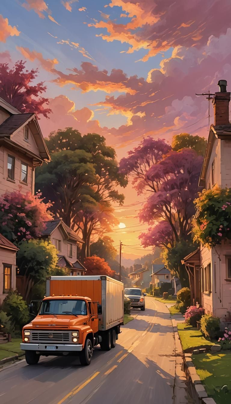 Cargo Truck Approaching Home at Sunset in Digital Painting