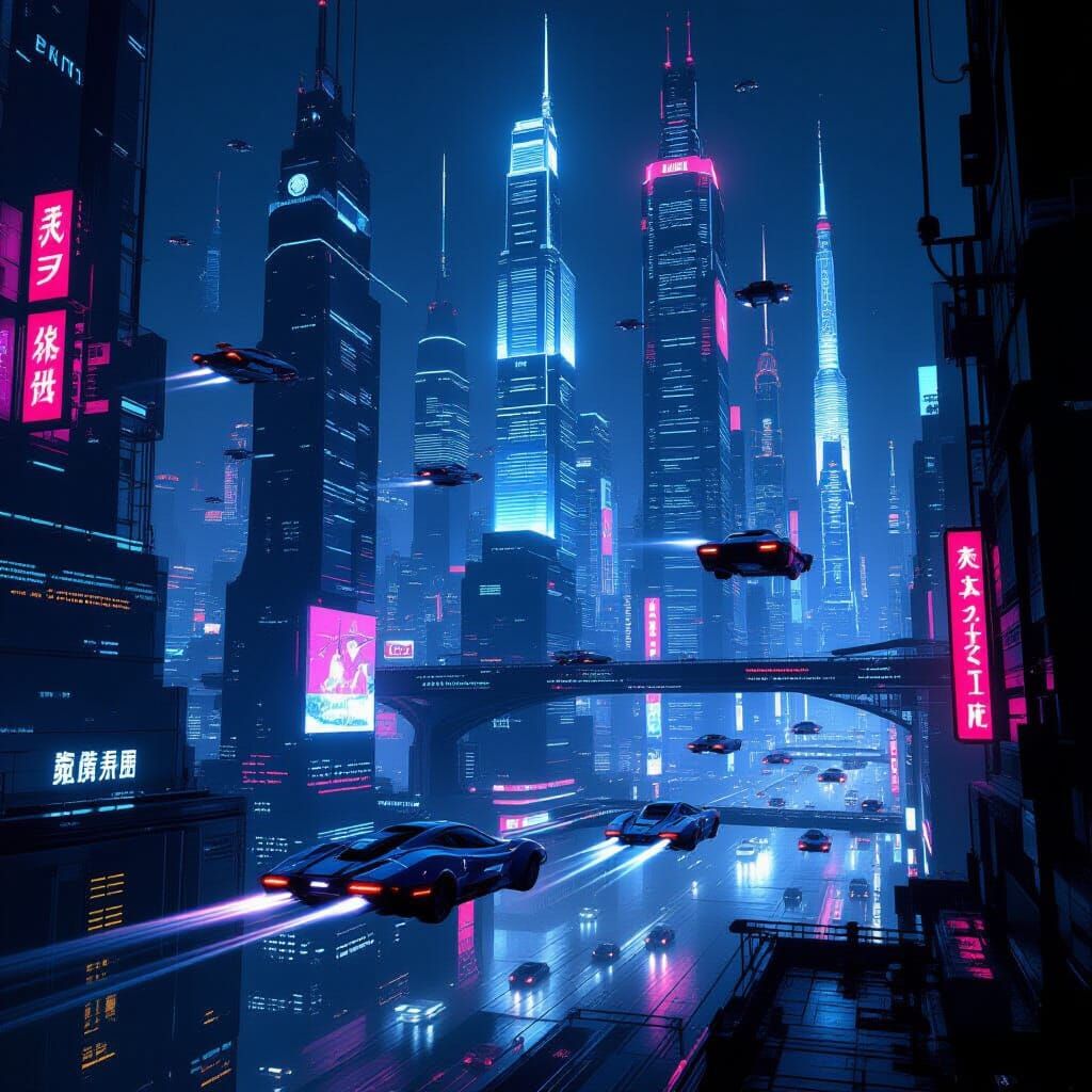 Cyberpunk Cityscape with Flying Cars at Night