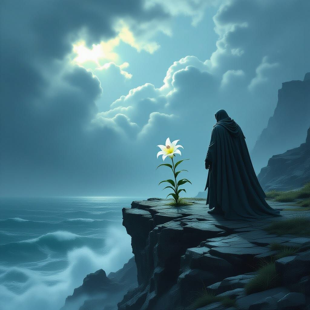 Man on Cliff Overlooking Stormy Sea with Radiant Lily