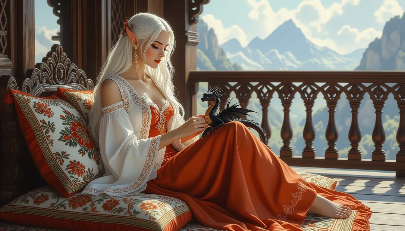 Elegant Elf with Black Dragon on Balcony, Photorealistic