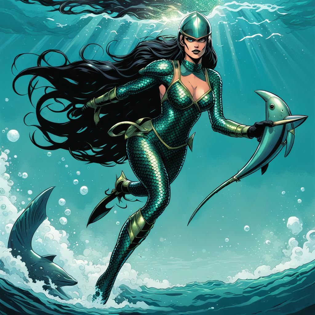 Marine Girl, a seventies underwater superheroine, wears a sw...