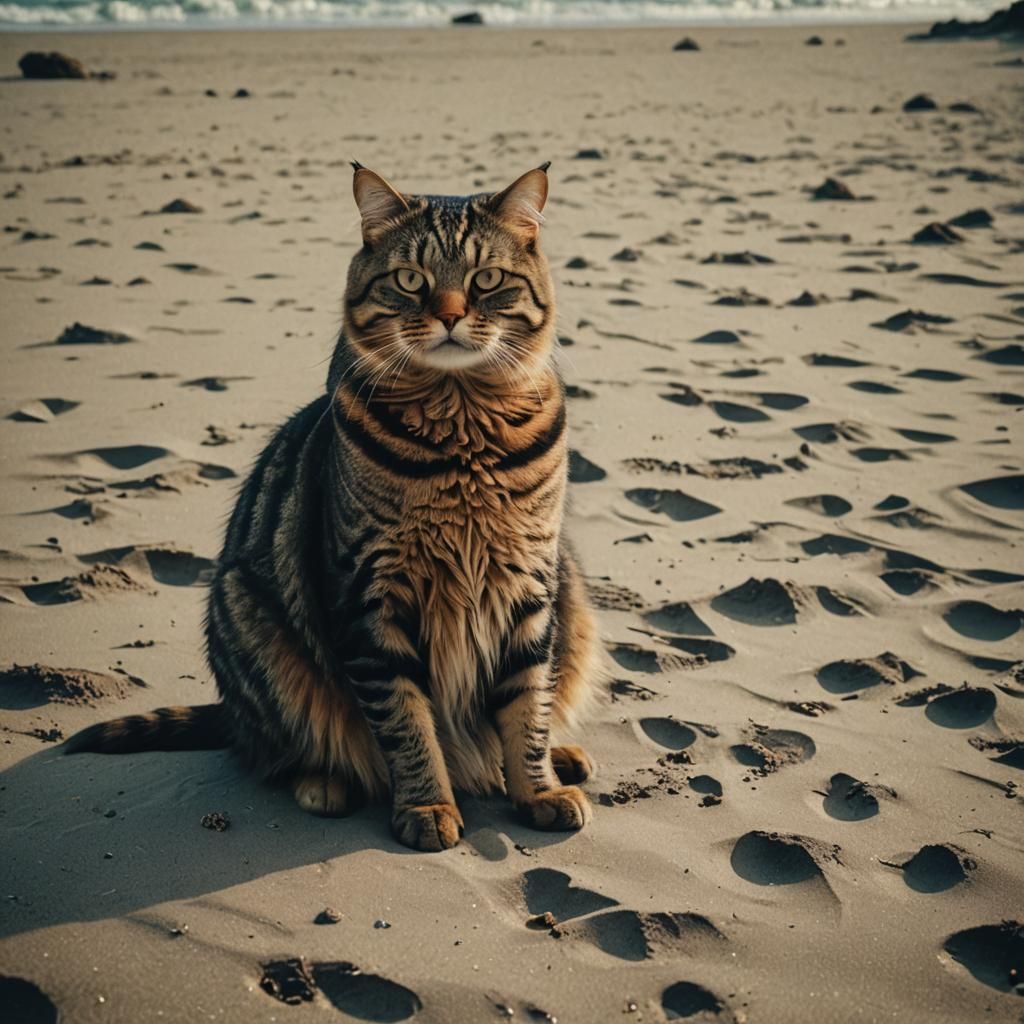 Cinematic Film Still of a Cat on Beach