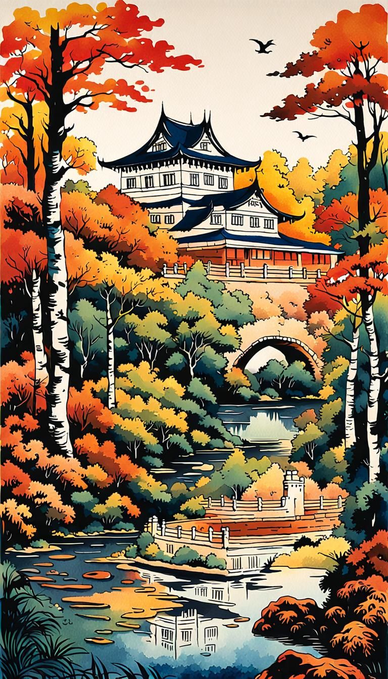 Autumn Castle Reflected in Stream, Ink Splatter Style