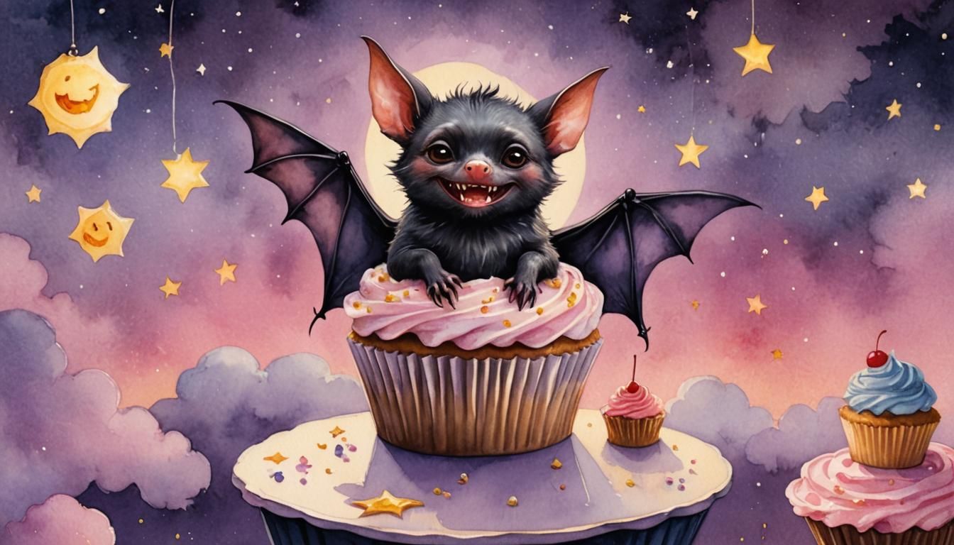 Vampire Bat on Cupcake: Whimsical Watercolor Illustration