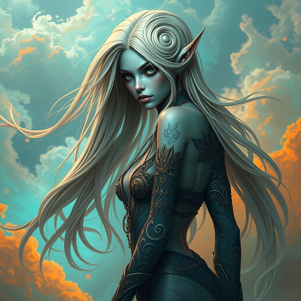 Mystical Alien Goddess in Vibrant Turquoise and Orange