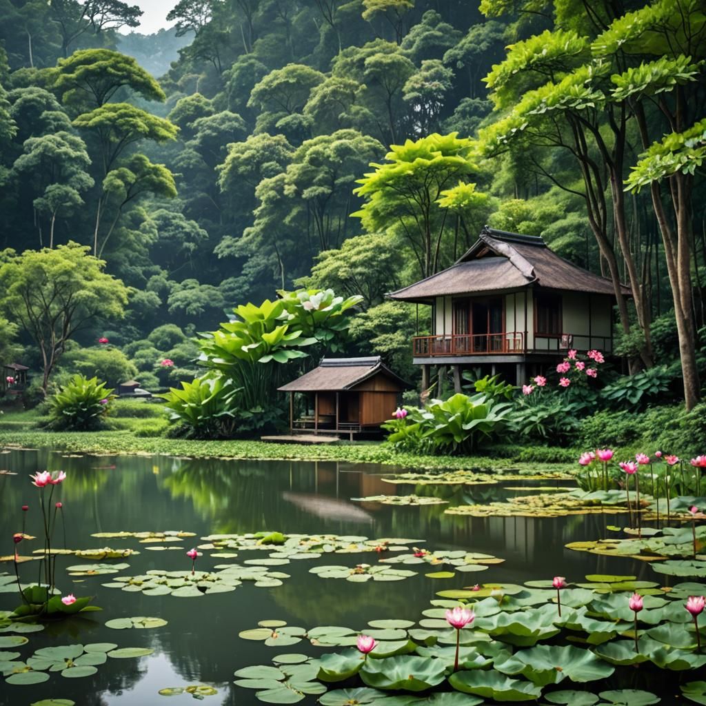 Lakeside House Surrounded by Lotus Flowers