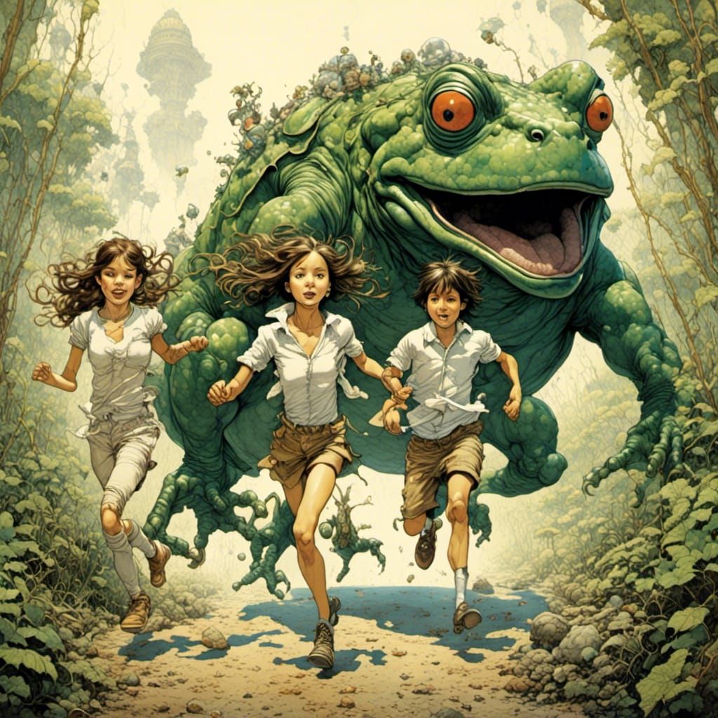Shrunken Teens Escape Giant Frog in Comic Style