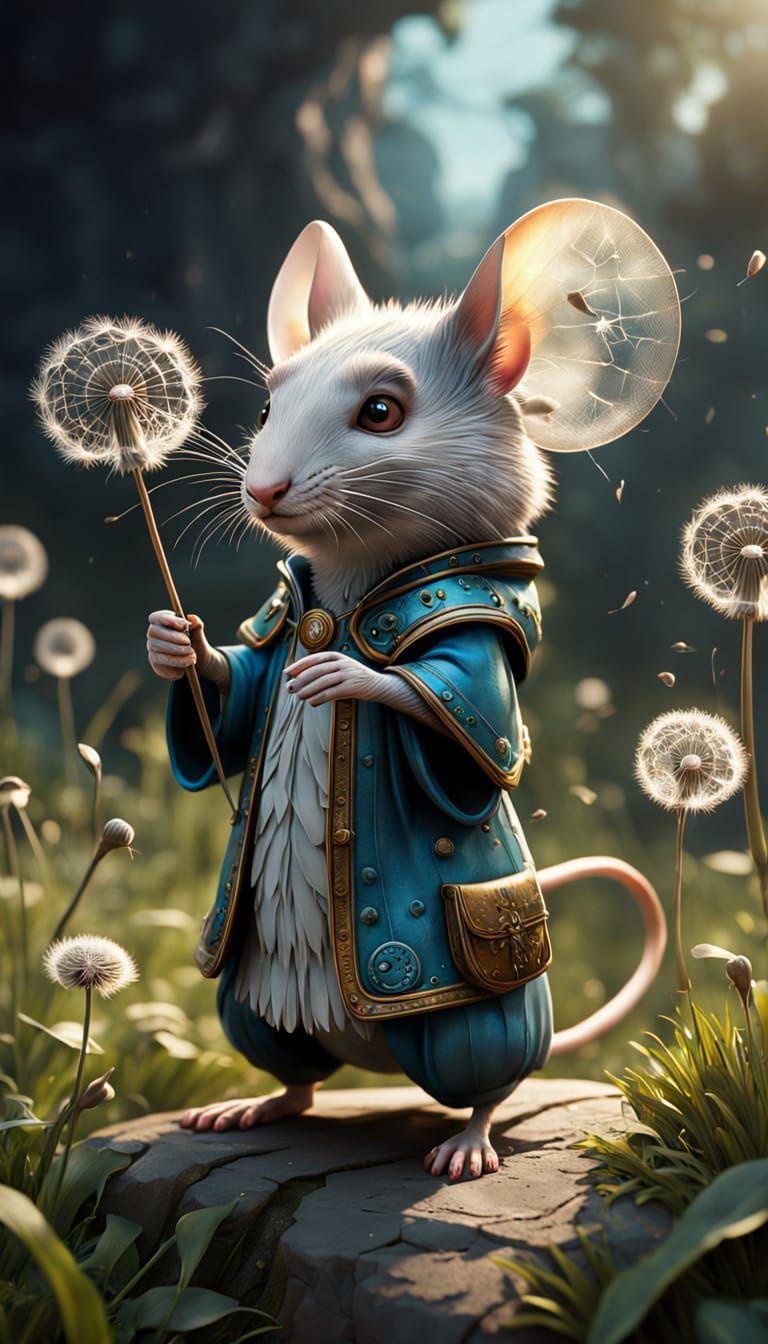 Whimsical Mice Release Dandelion Seeds in Lush Meadow