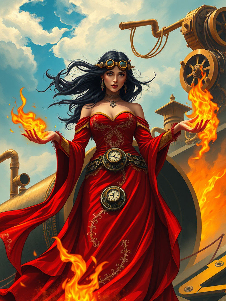 Steampunk Fire Goddess in Scarlet Gown