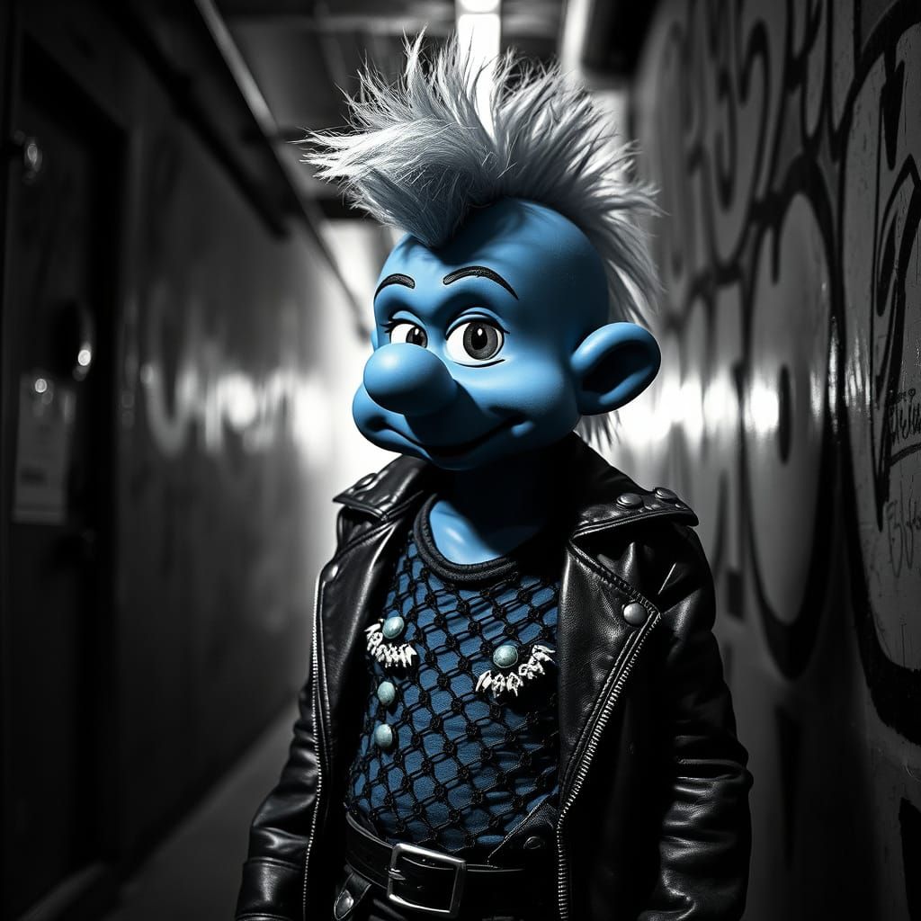 Gritty Punk Rock Smurf in a Dark Alleyway