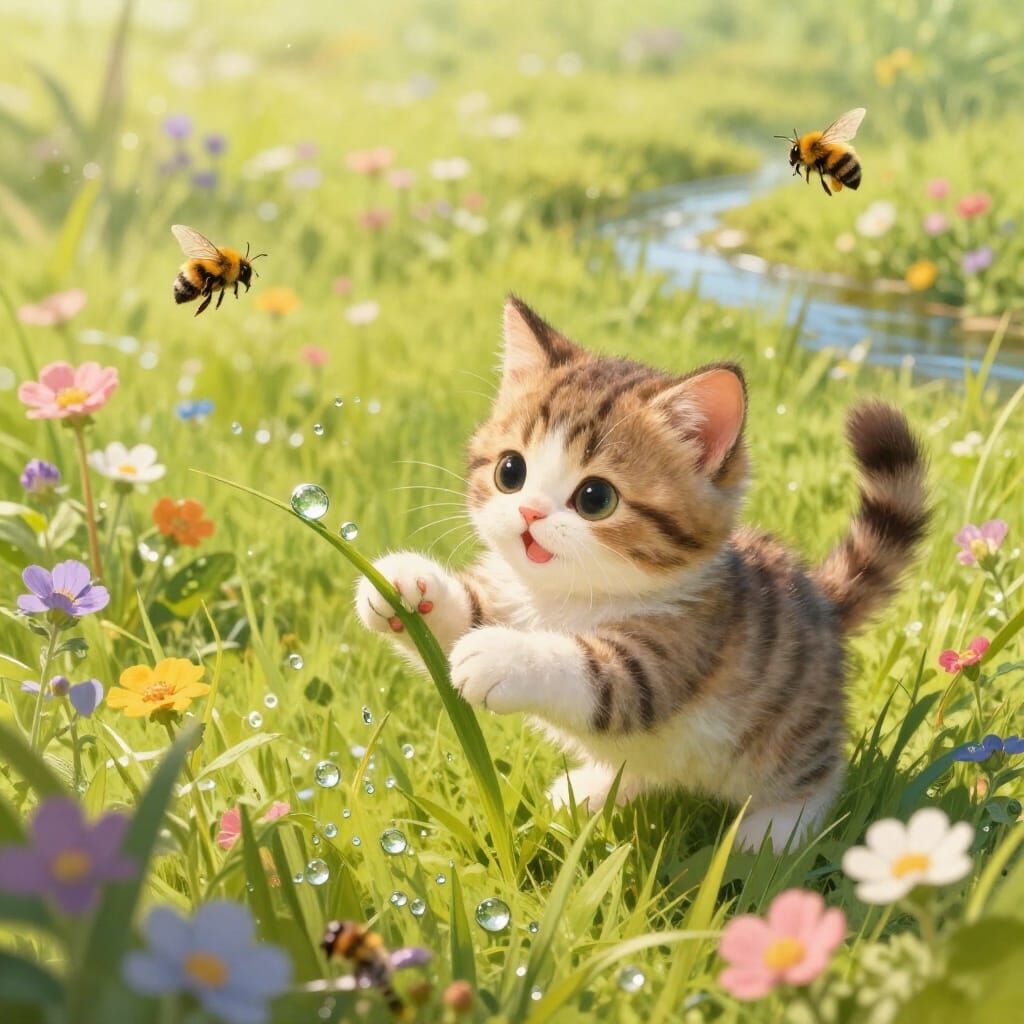 Fluffy Kitten Plays with Dewdrop in Sunny Meadow