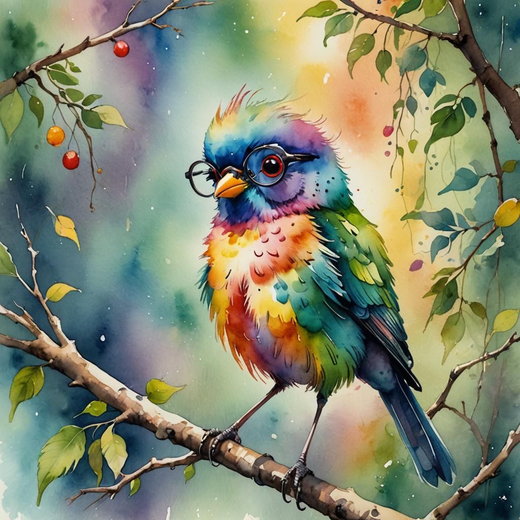 Rainbow Bird in Watercolor Illustration Style
