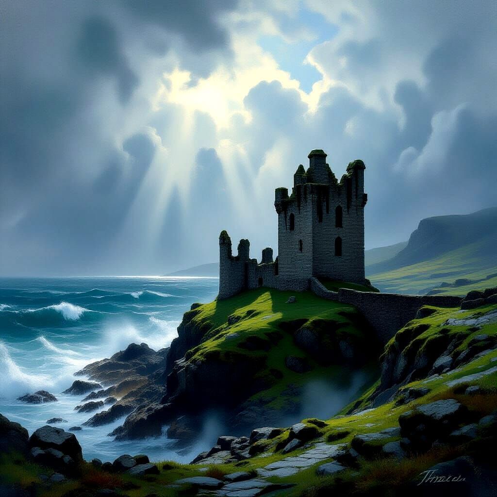 Majestic Castle Ruin Overlooking Tempestuous Ocean in Romant...