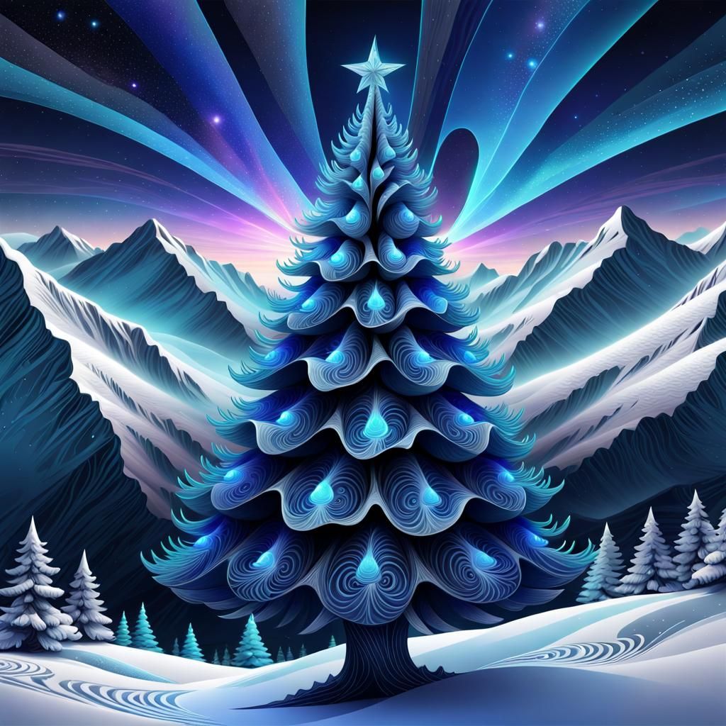 Christmas Tree in Snowy Mountains: Holographic Astral Illust...