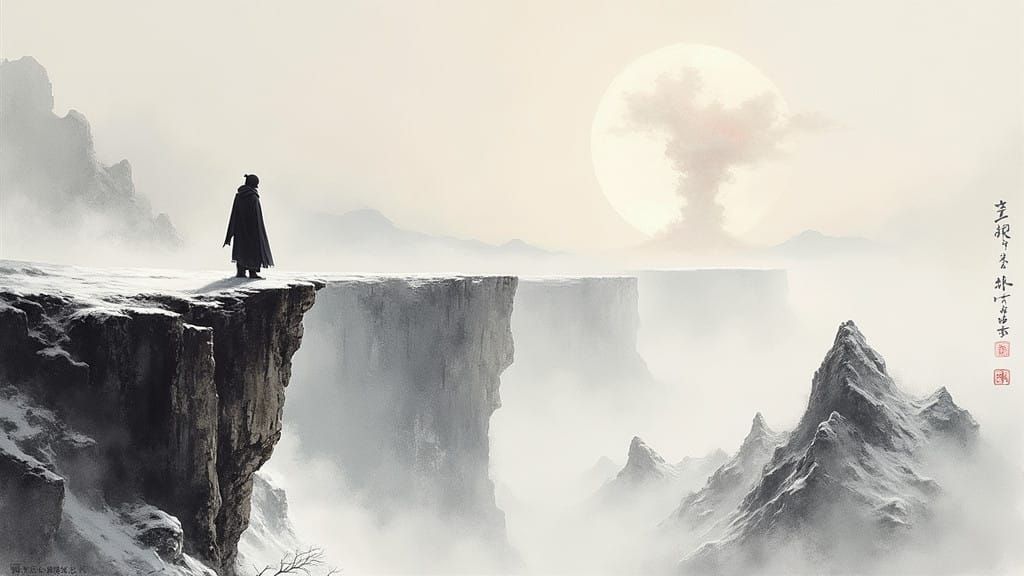 Lone Figure at the Edge of Eternity in Chinese Ink Style