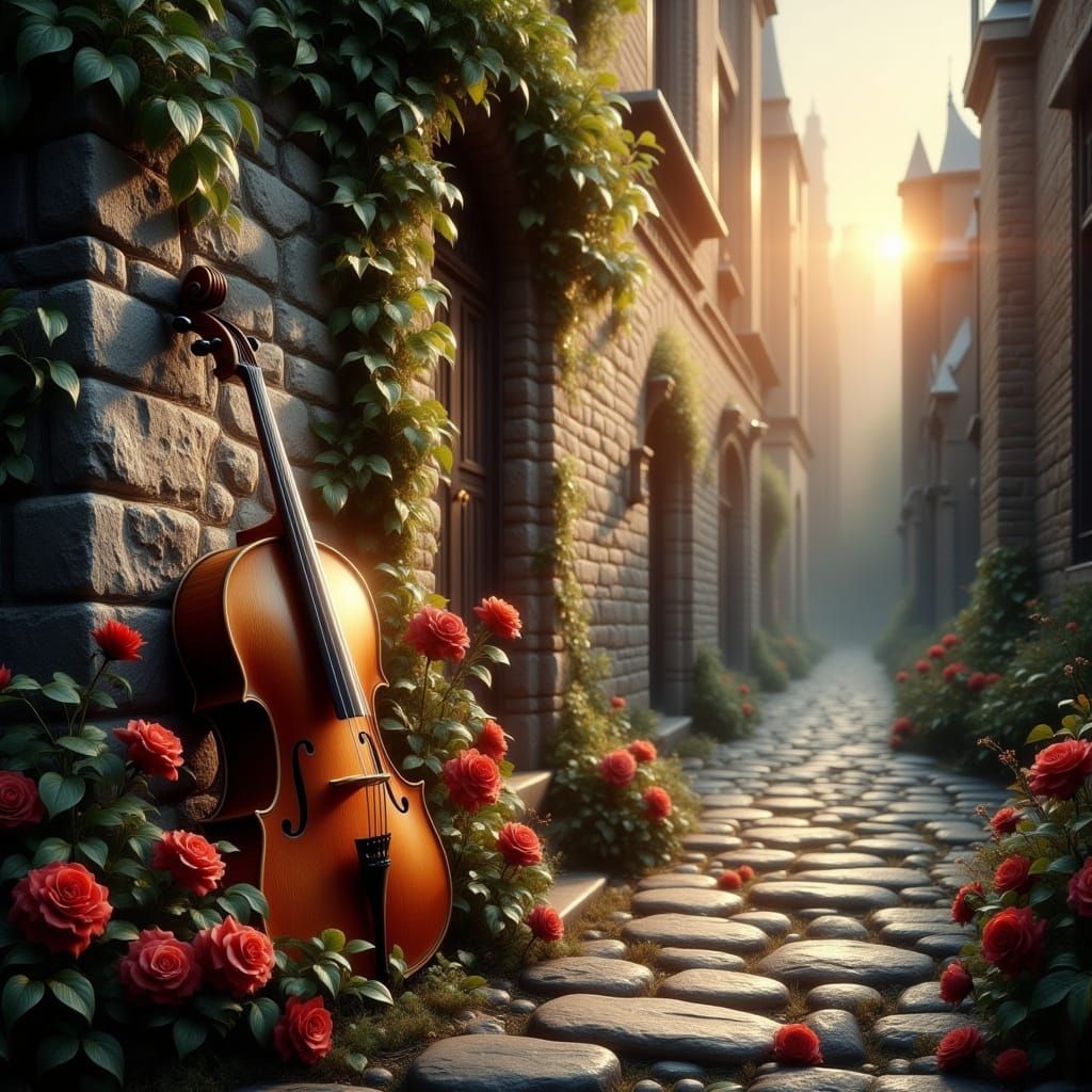 Antique Cello in Misty Alleyway with Roses