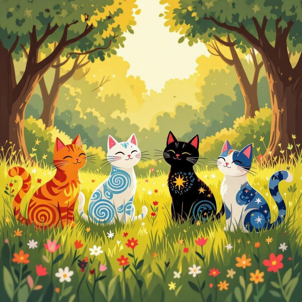 Four Patterned Cats in a Sunny Meadow