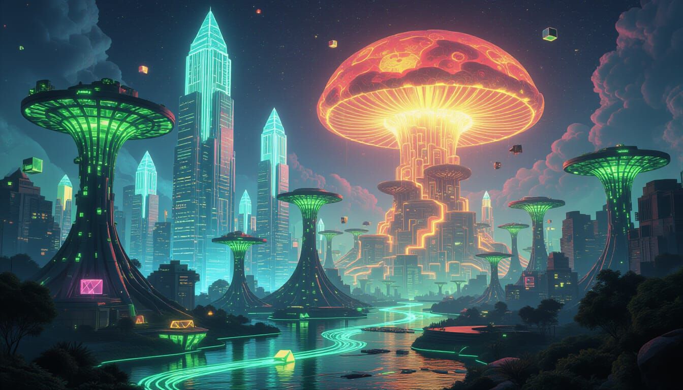 Surreal Utopian City Emergence with Neon Jungle