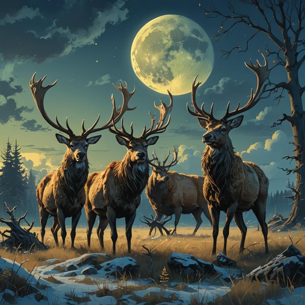 Stags Antlers Locked in Moonlit Meadow