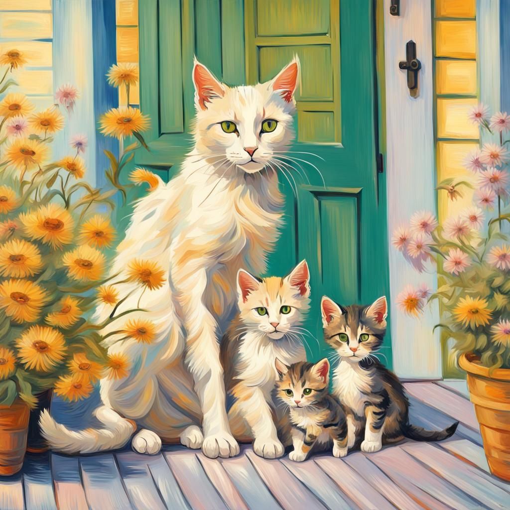 Mother Cat and Kittens in Van Gogh Style