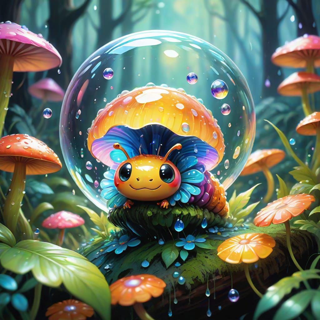 Whimsical Kawaii Chibi Caterpillar in Moonlit Forest