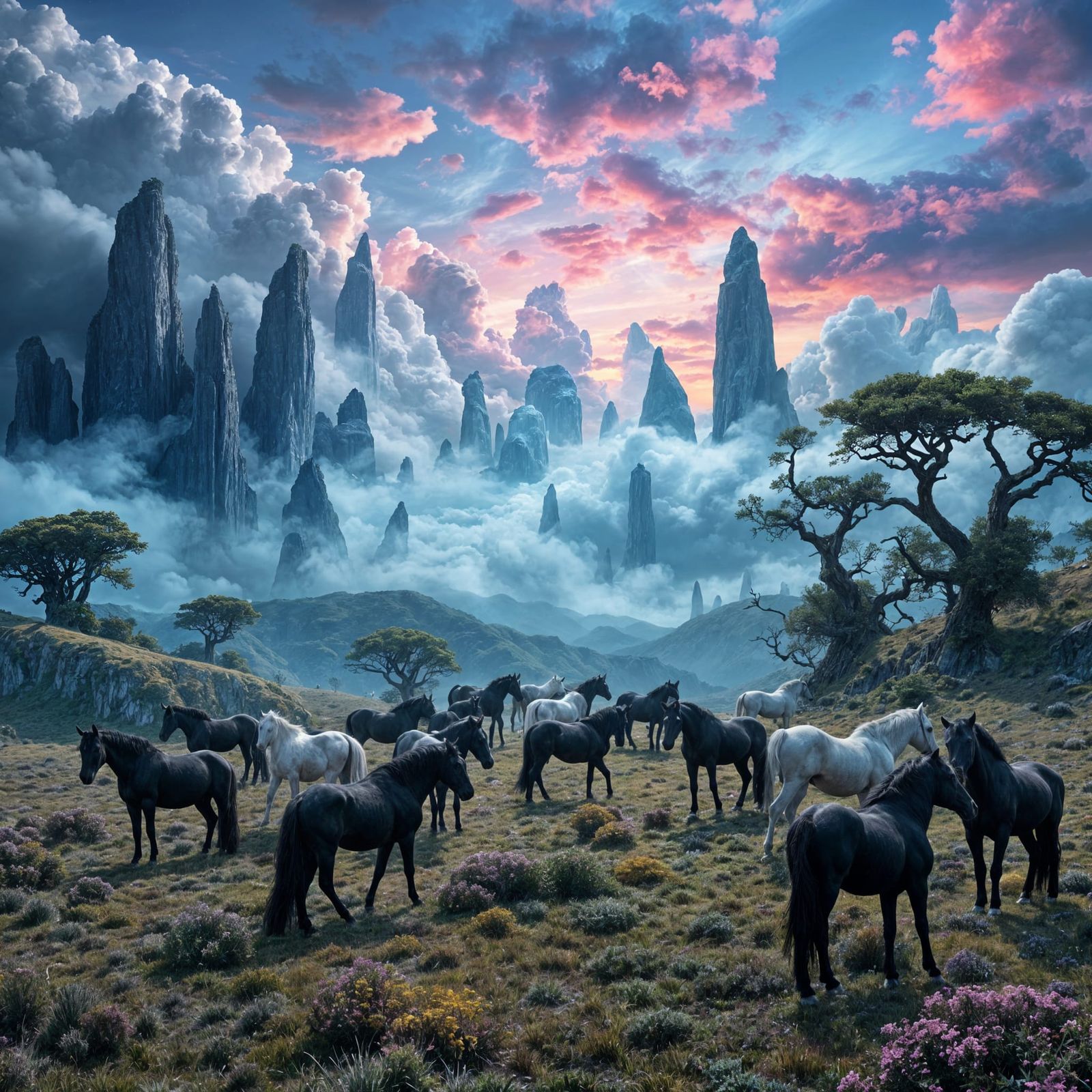 Ethereal Horses Roam a Vibrant, Surreal Landscape