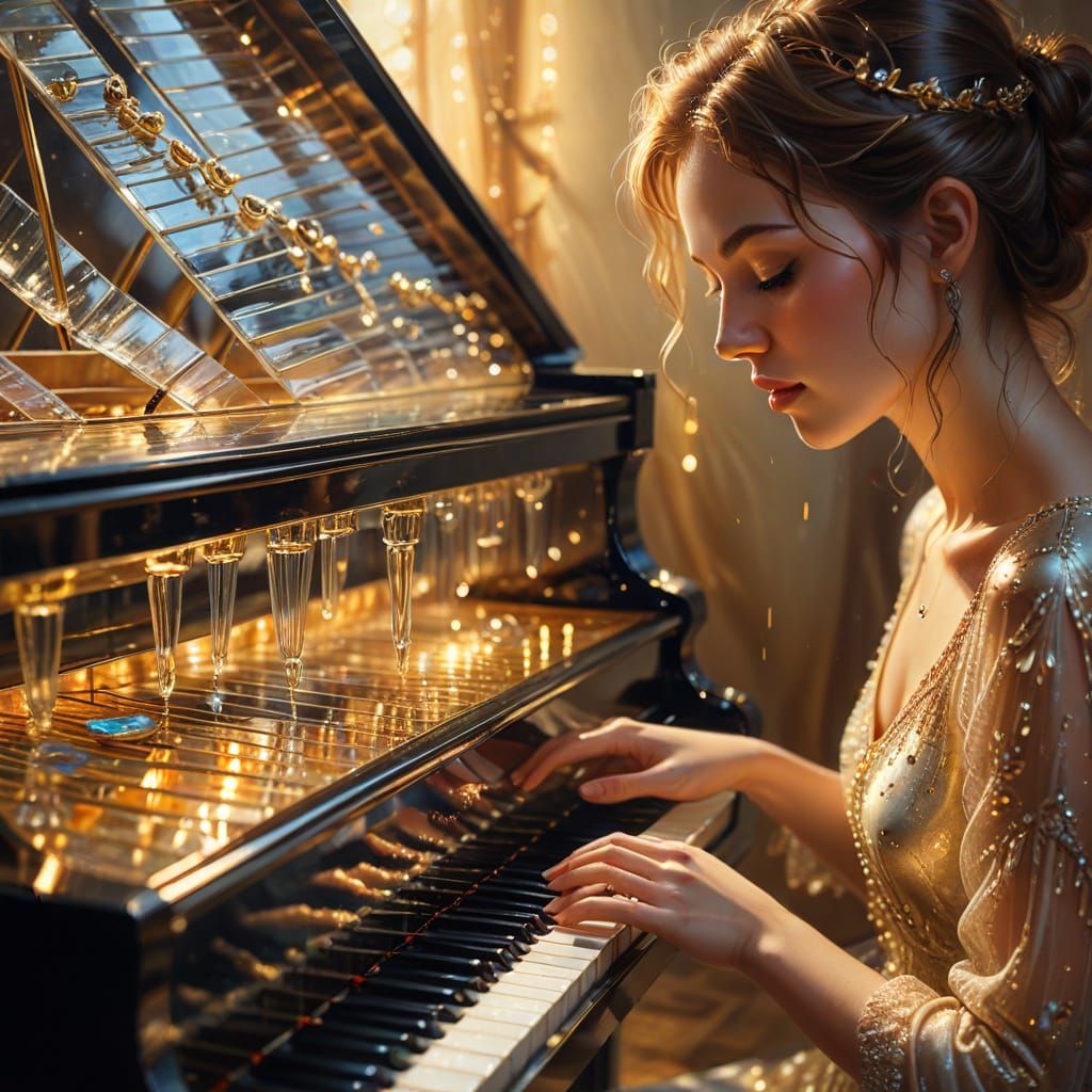 Surreal Woman Plays Glass Piano in Oil Painting