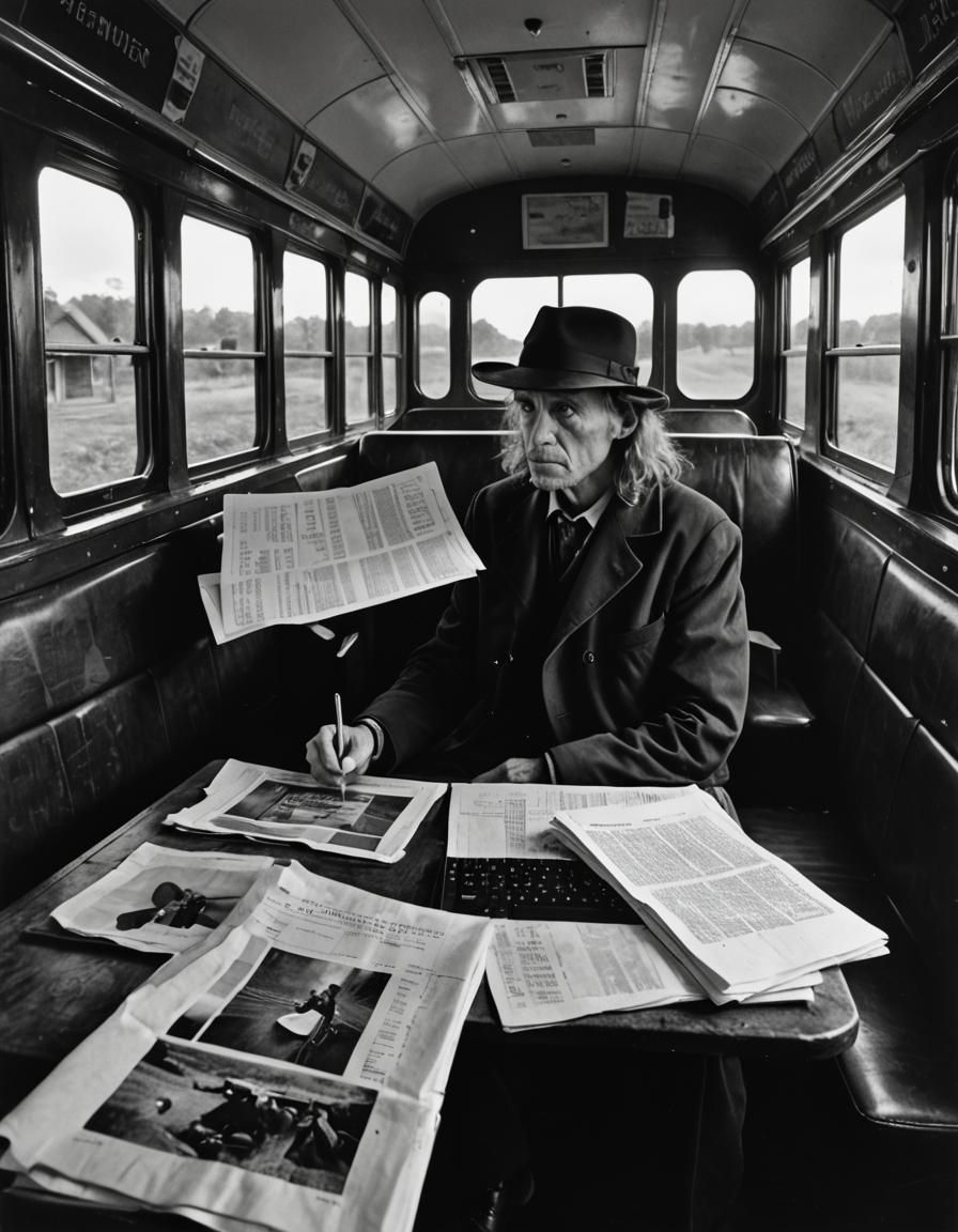 Intense Author in Train Car: Hyperrealistic Black and White ...