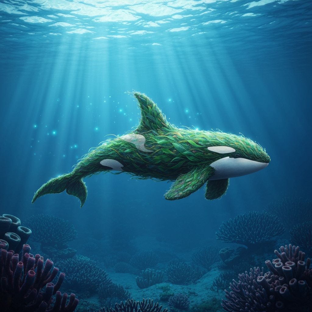Bioluminescent Seaweed Orca in Ethereal Underwater World