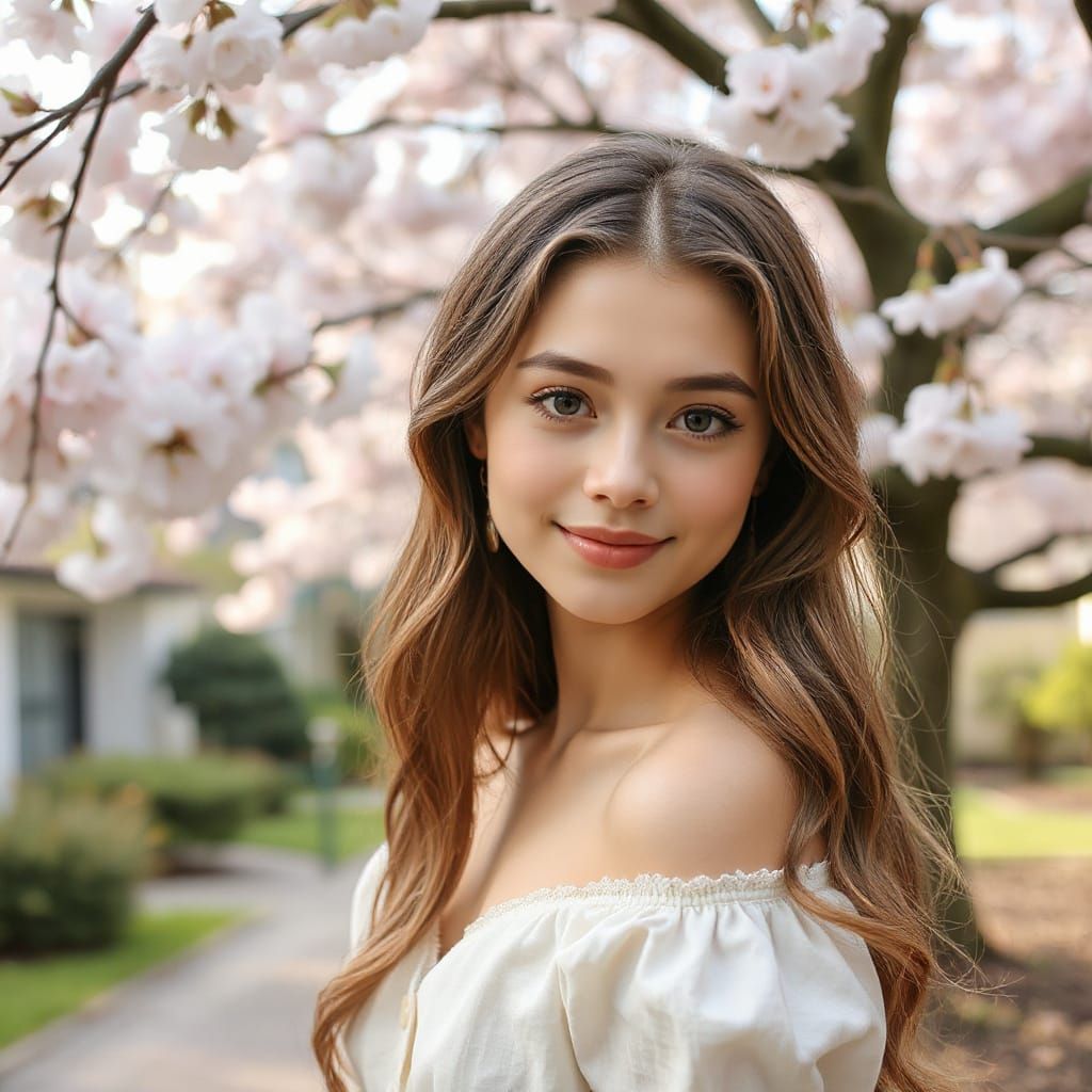 Ethereal Portrait of a Young Woman in a Cherry Blossom Garde...