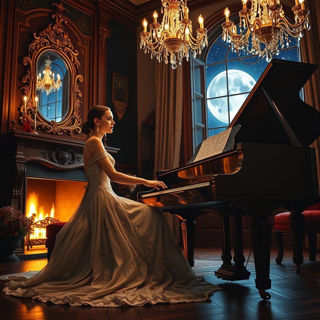 Regal Woman Plays Piano in Lavish Room Under Golden Light