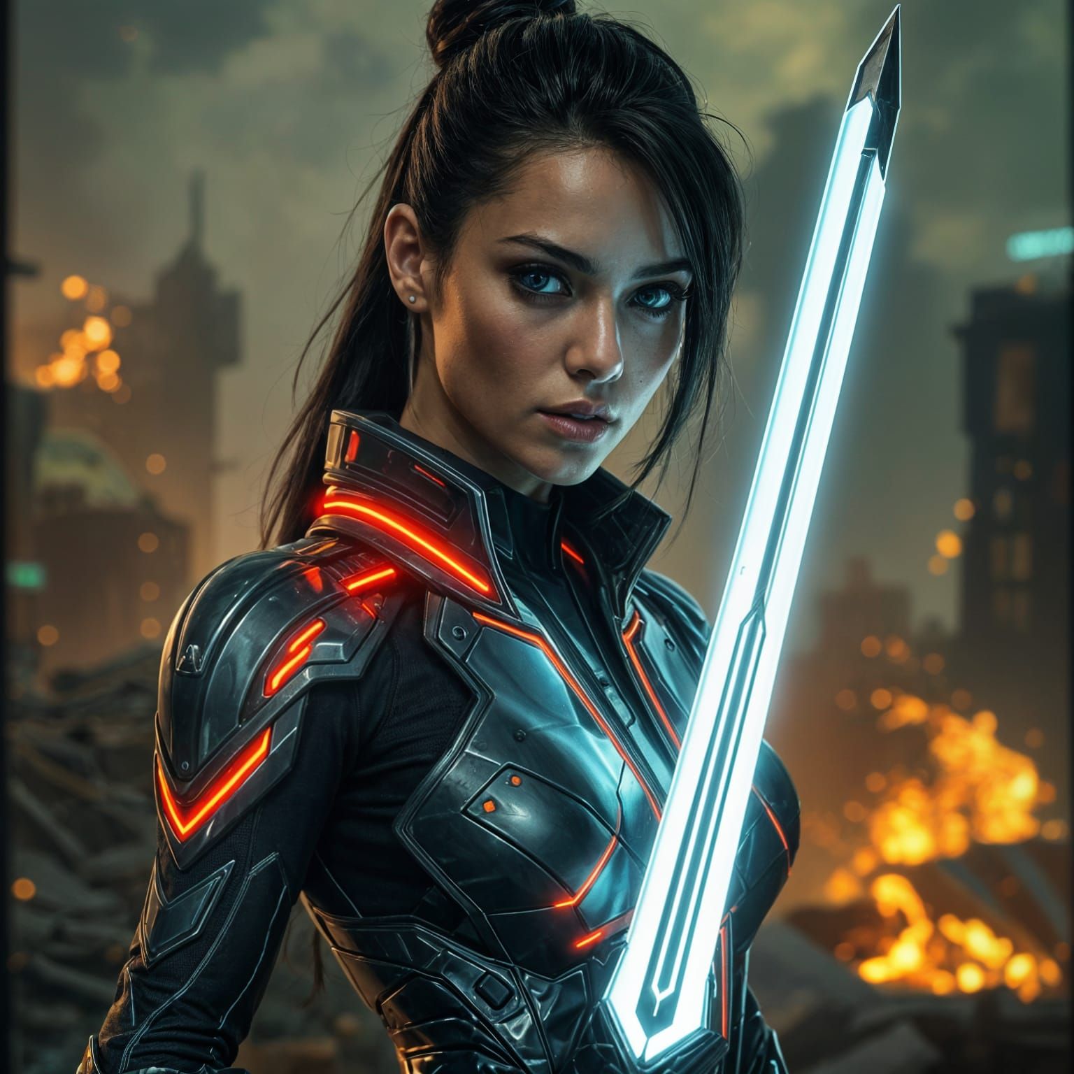 Cyberpunk Warrior with Holo Sword in War-Torn City